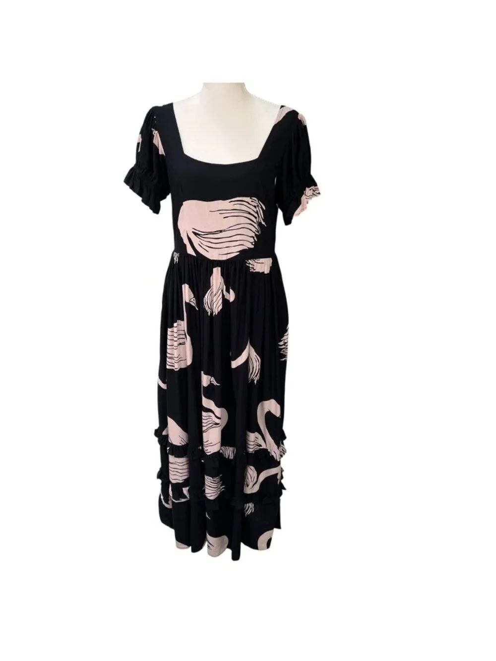 The Odells Swan Print Maxi A Line Maxi Dress With Puff Sleeves Size Small